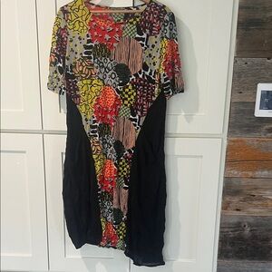 Chalet et Ceci Colorful Asymmetrical Patterned Dress with Black Accents XS